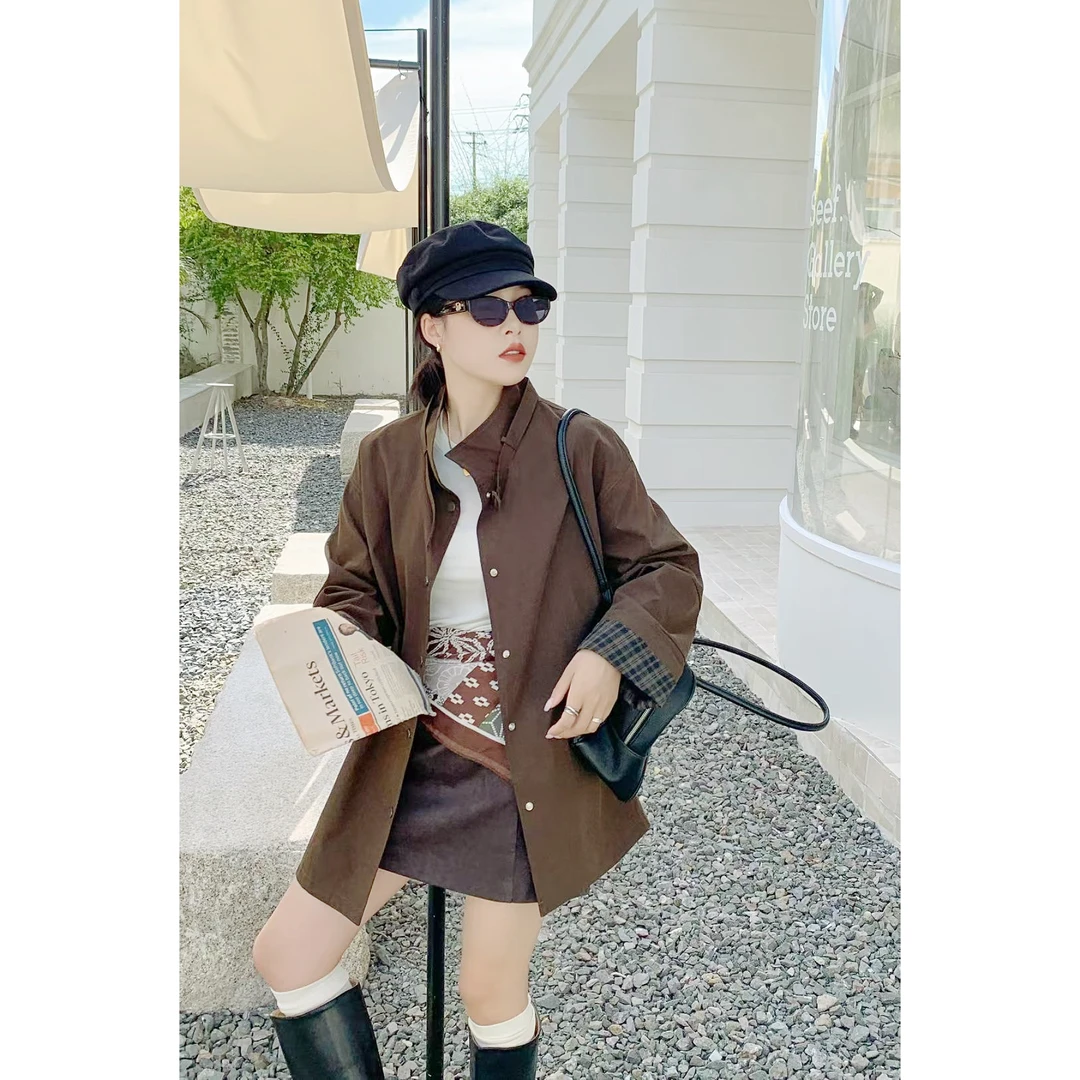 B14A5610-高品质立领两面风衣外套女秋季新款韩版宽松休闲系带女