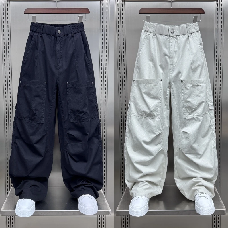 美式高街大口袋休闲裤男士2025夏季薄款压褶工装弯刀裤宽松阔腿裤