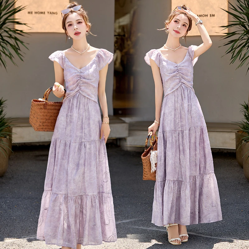 法式小香风飞飞袖连衣裙女2025夏季新款洋气时髦修身显瘦长款裙子