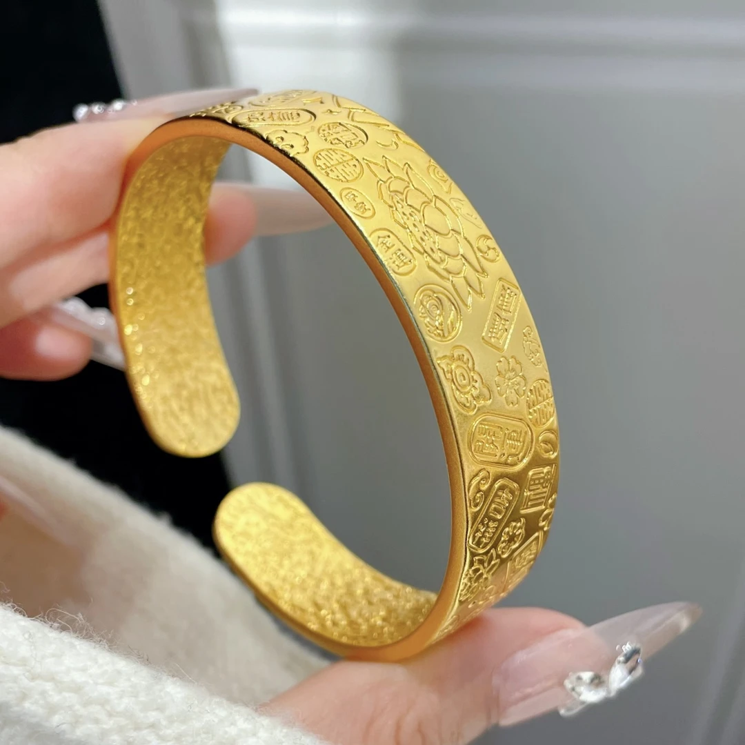 铜合金手镯 【金熹菲饰品】新中式国风大气大克重宽版吉言开口手镯