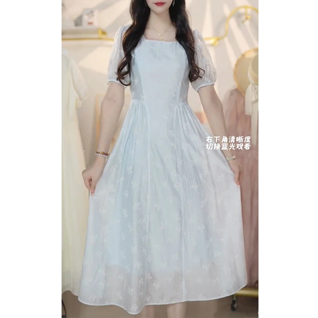 L5402大码方领高级感法式刺绣连衣裙女2025新款夏季收腰显瘦长裙