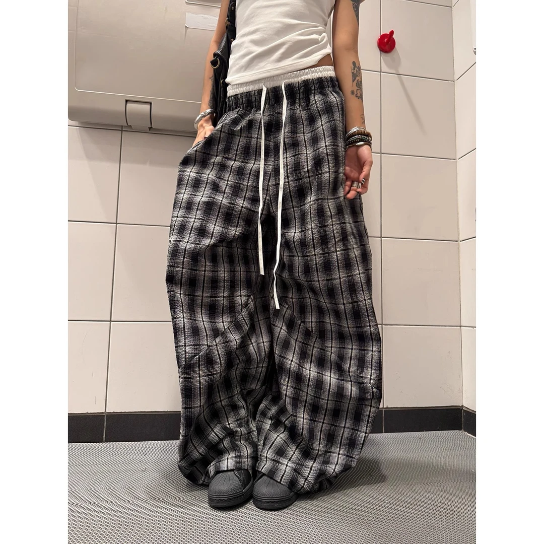 艺尙美式复古慵懒风百搭格子裤男女爵士舞双腰头拼接宽松阔腿裤女