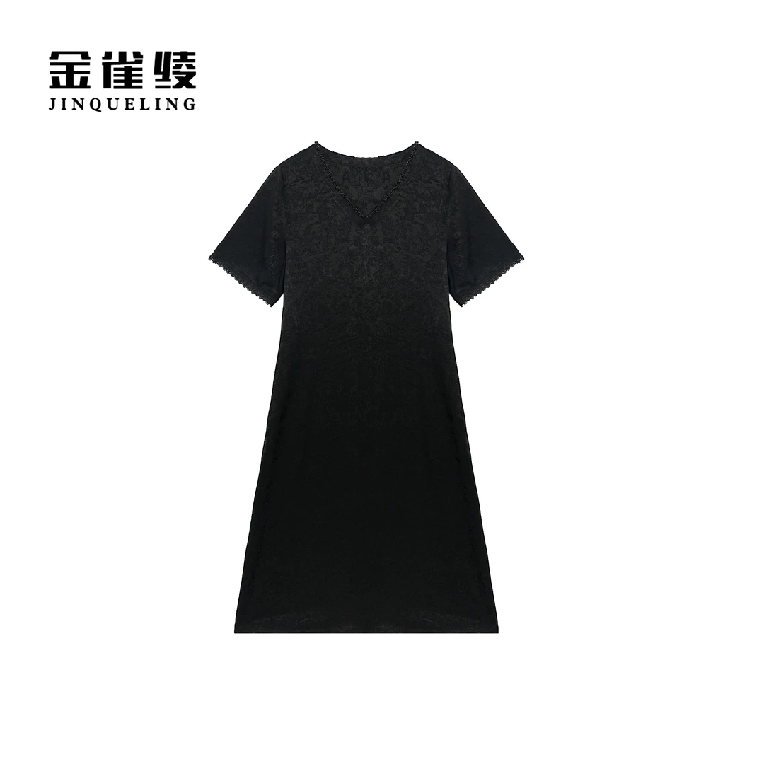 金雀绫【夜巴黎】黑色钉珠工艺显瘦加宽加大女装连衣裙SZA1L261