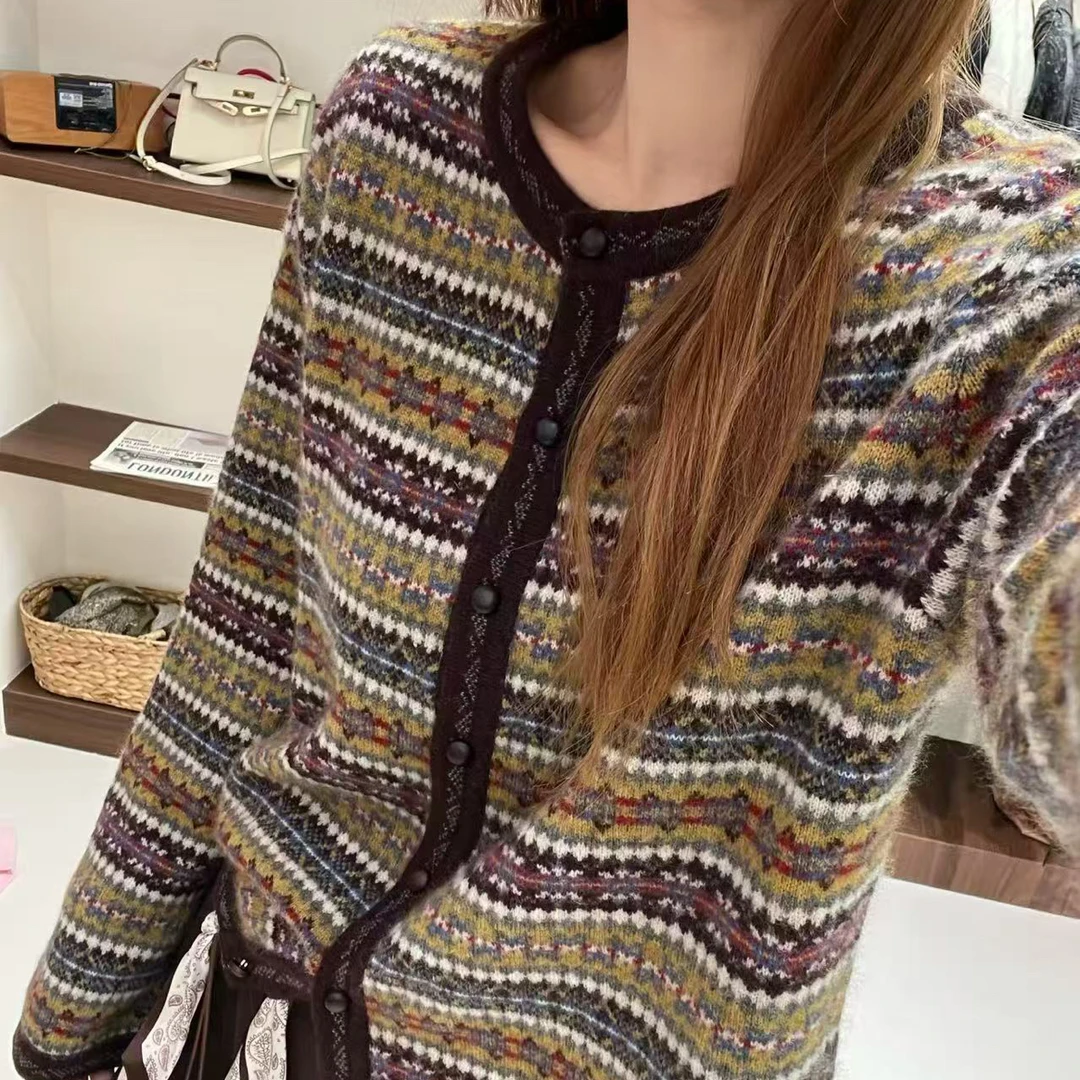 欧洲站欧货复古费尔岛提花圆领针织开衫外套女25秋季新款毛衣4249