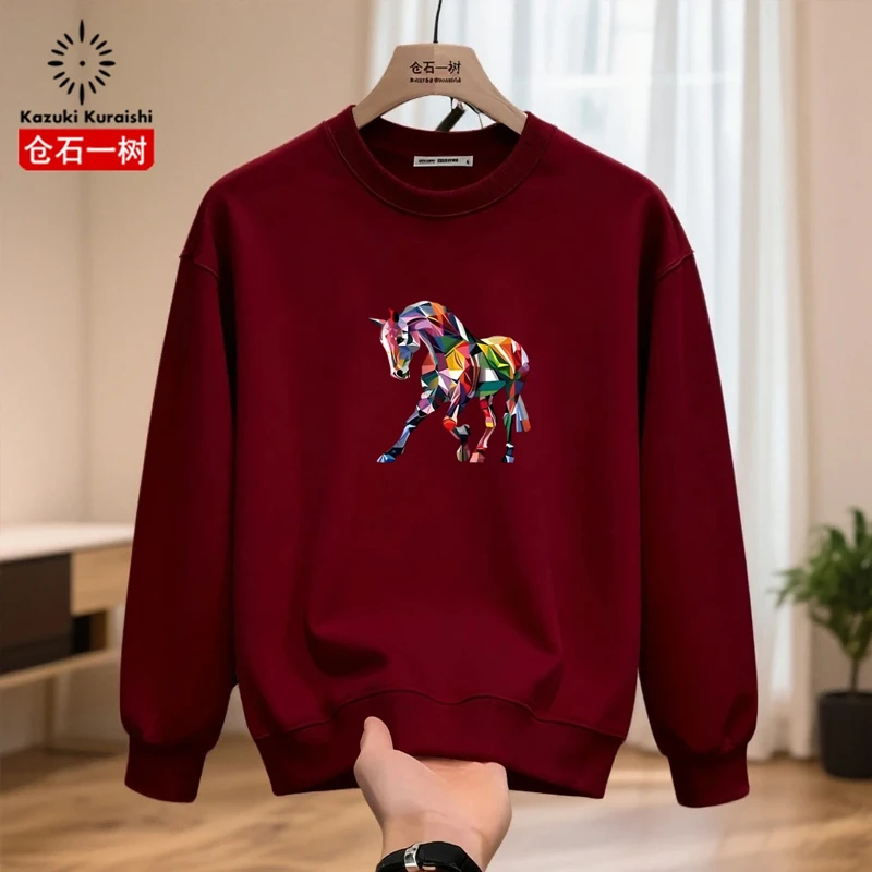 仓石一树国潮马年宽松休闲圆领卫衣男士潮流个性百搭印花长袖上衣