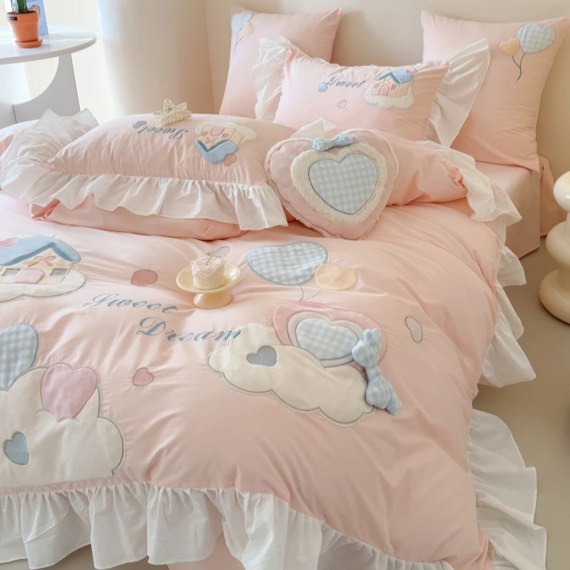 可爱少女心公主风纯棉水洗棉四件套全棉儿童被套女孩床单床上用品