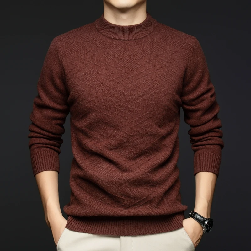 男士冬装加厚羊毛衫100%绵羊毛半高领保暖毛衣提花针织打底衫