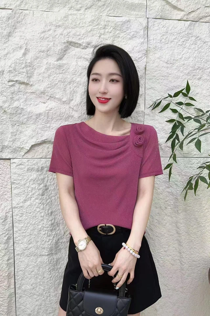 堆堆领短袖小衫女遮肉显瘦春夏季T恤气质上衣网纱减龄打底衫
