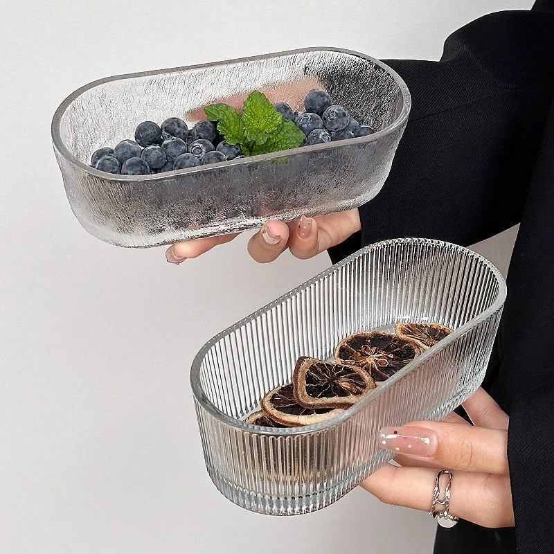 修世 风简约椭圆玻璃碗 家用小吃碟零食盘水果盘创意点心沙拉甜品