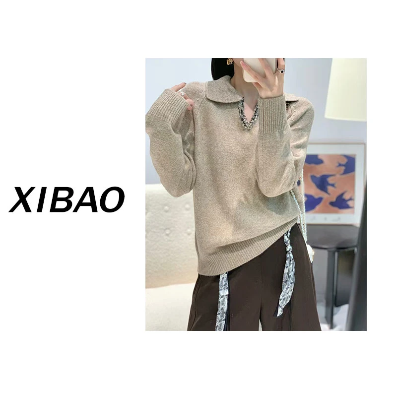 女士小V翻领带钻长袖针织衫CX504