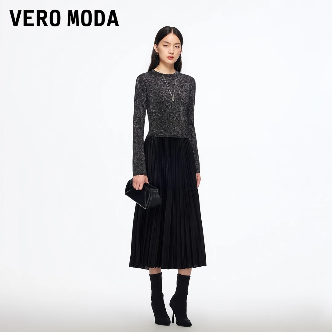 Vero Moda连衣裙2025秋冬新款拼接捏褶裙摆亮闪中长裙百搭流光风