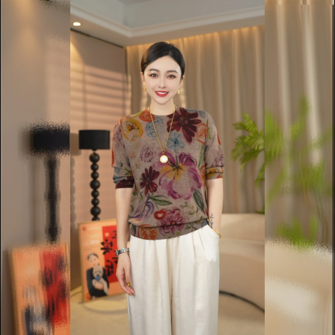 筠织 长袖秋冬新款高级感遮肉显瘦圆领宽松印花气质女精仿羊毛衫