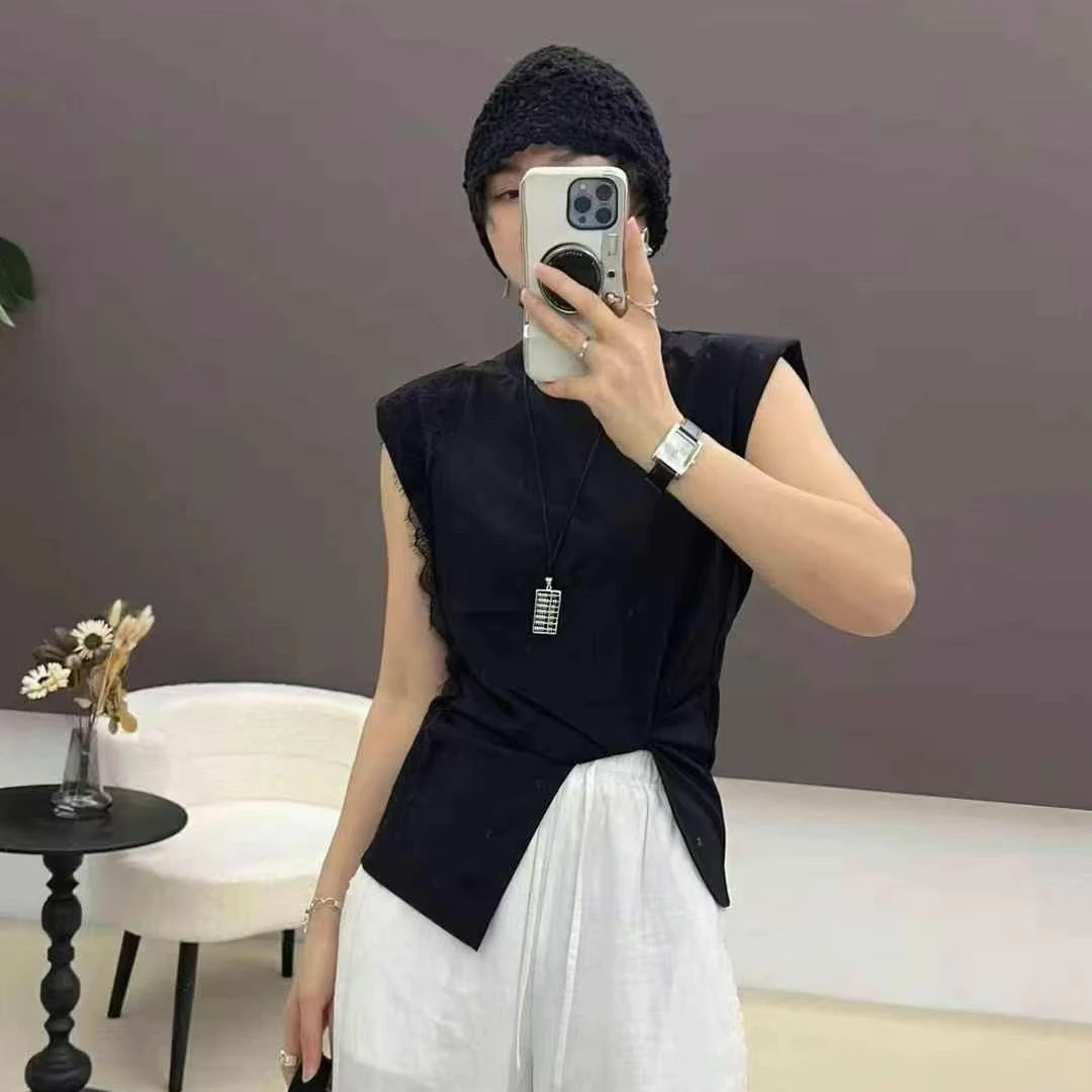 【玫瑰缘】欧货设计师款淑女时尚网红休闲简约黑色不规则上衣