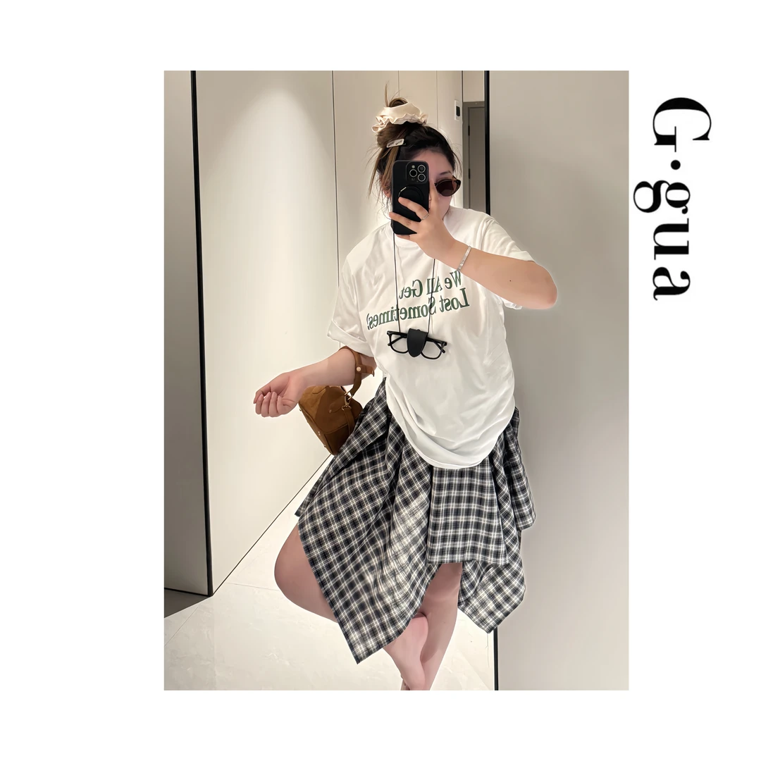 【张_Ggua】大码字母印花垫肩短袖T恤+简约不规则假两件松紧腰半裙