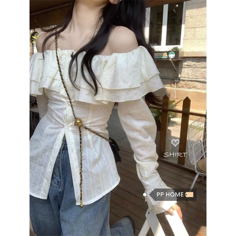 荷叶边法式衬衫女夏韩系设计感胖mm小众别致一字肩收腰长袖上衣女