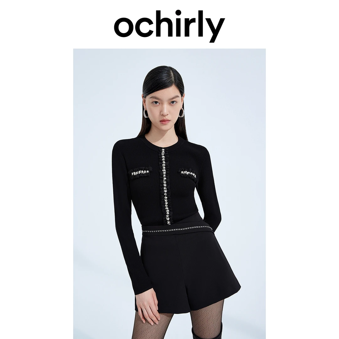 6353【CC王专属】 欧时力 手工钉钻小香风针织衫新款秋装修身