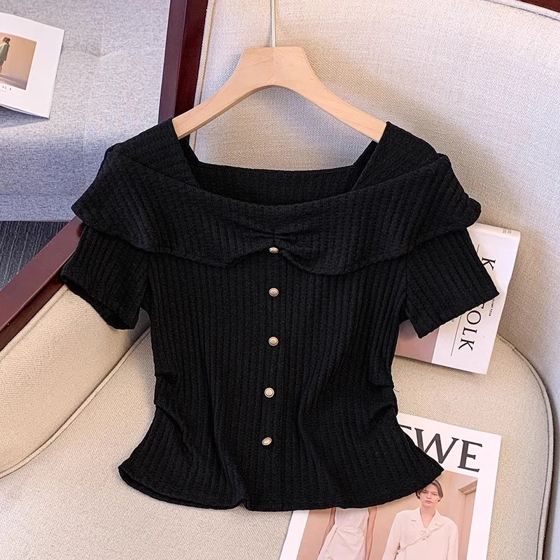 La Chapelle/拉夏贝尔夏季短袖女2025年新款一字领露肩娃娃领上衣