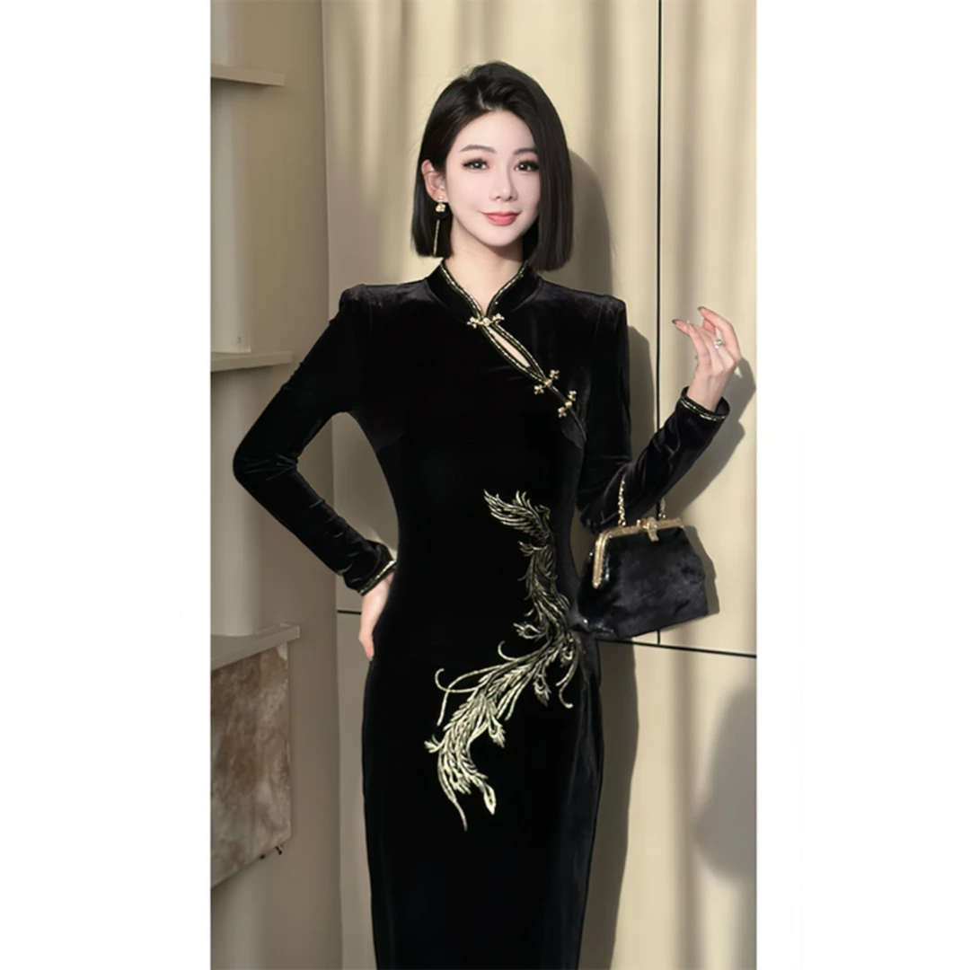 D206【凤凰于飞】新中式气质名媛女神范高级感黑色刺绣连衣裙女秋冬