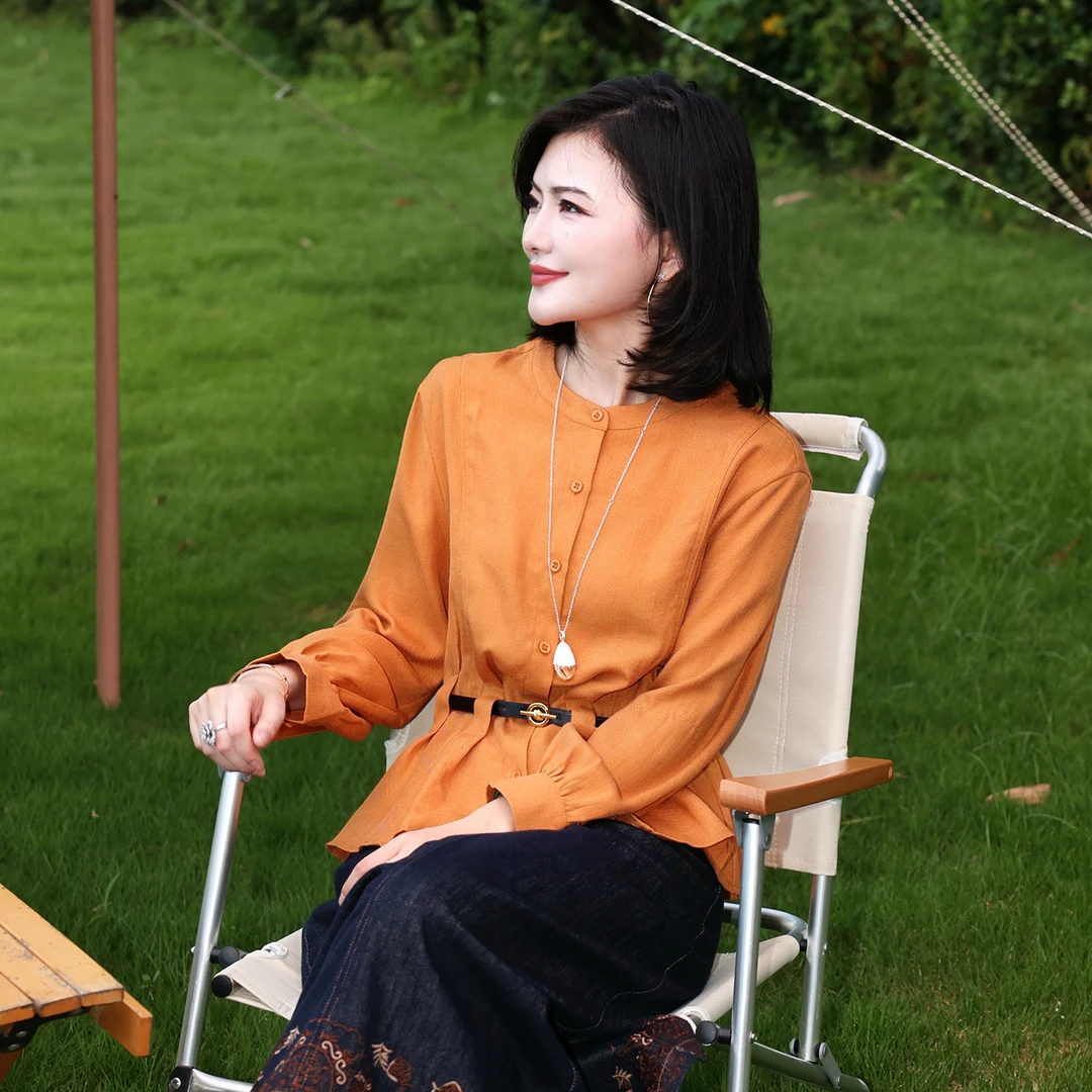 韩版时尚宽松纯色衬衫女2025春秋季新款收腰遮肉显瘦百搭长袖上衣