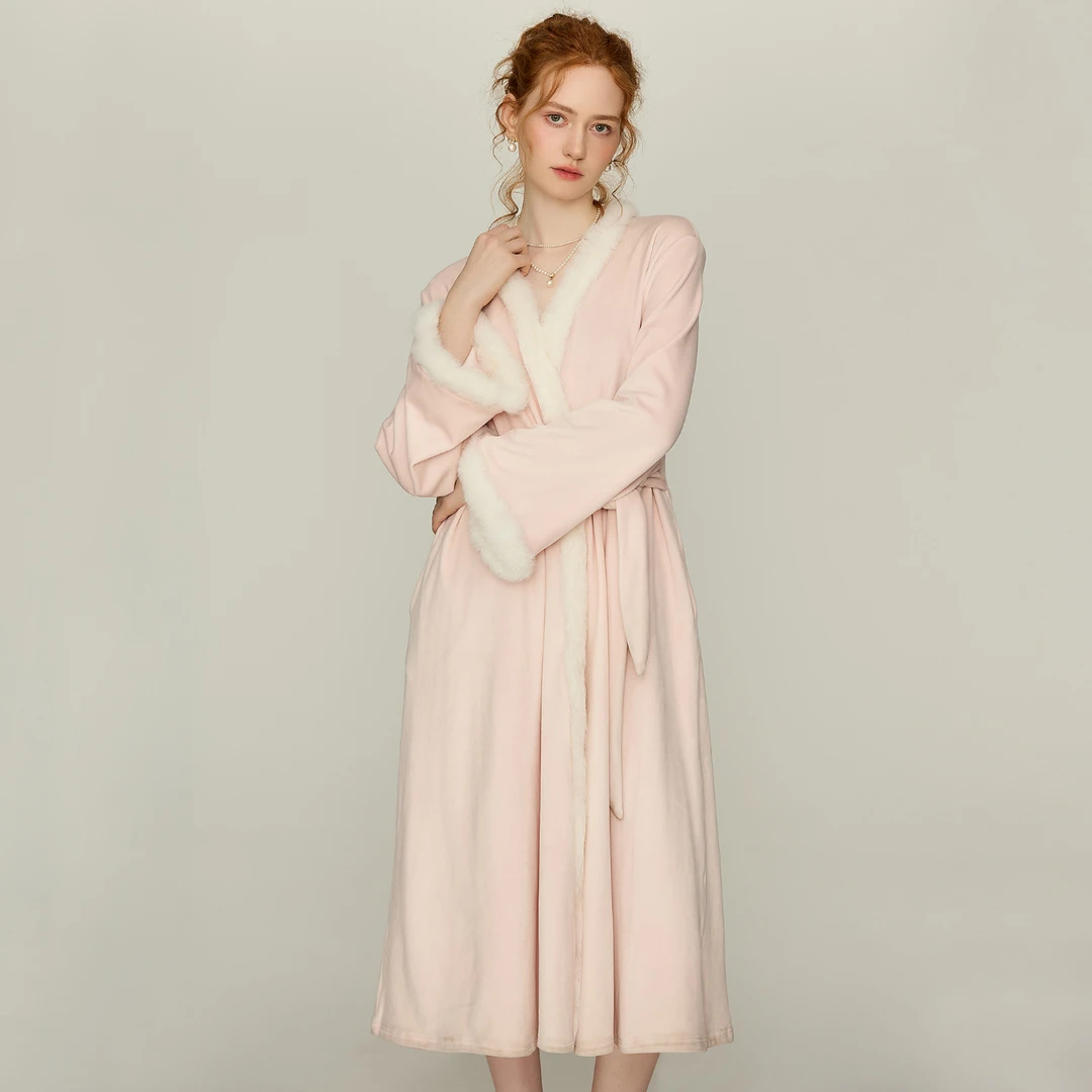 PAVENATNO/巴韦那奇睡袍女海岛绒少女粉毛绒加厚家居服冬睡衣套装