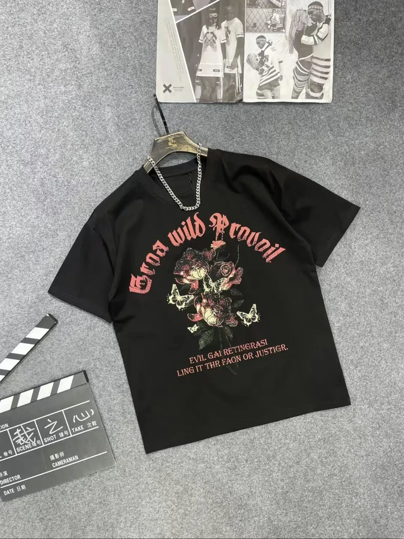 11980新款百搭重工字母玫瑰花朵宽松高奢满钻潮牌T恤时尚半袖个性