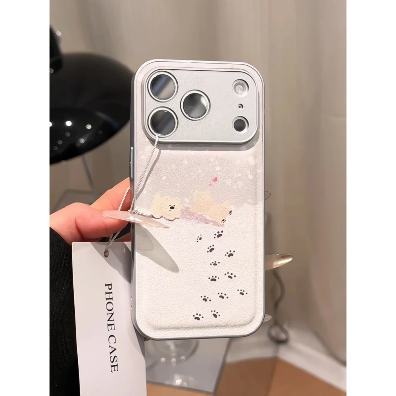 雪地小狗适用苹果17pro手机壳16PM金属皮纹防摔oppo华为p70小米15