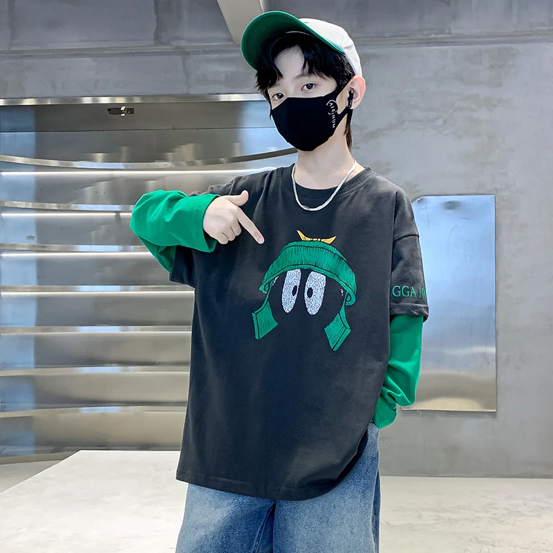 男童秋款假两件卫衣卡通中大童时髦帅气长袖打底衫儿童上衣男孩潮