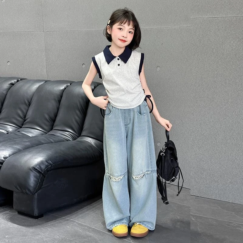 女童时尚牛仔裤夏季女孩阔腿裤儿童夏装2025新款中大童洋气阔腿裤