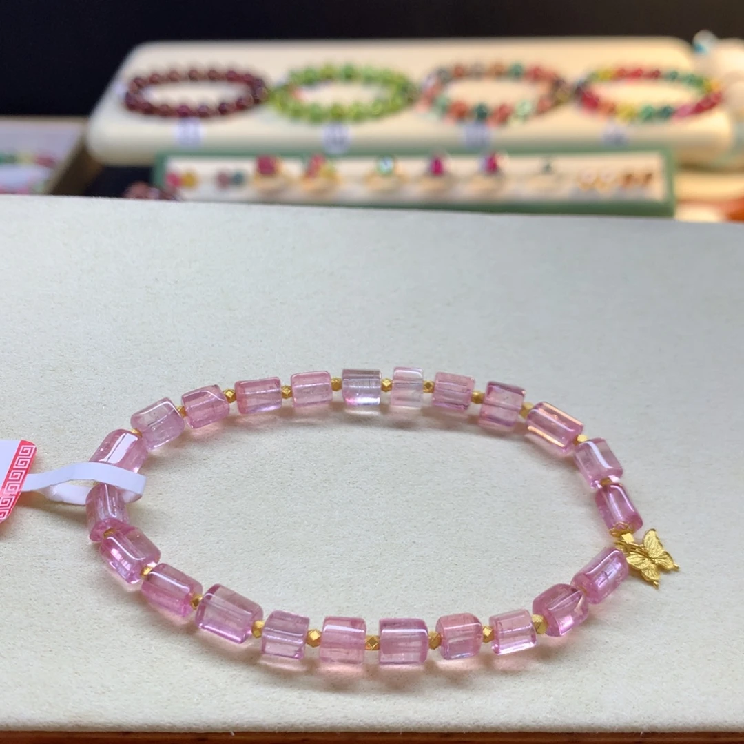 碧玺未镶嵌手串艳桃粉原石6mm