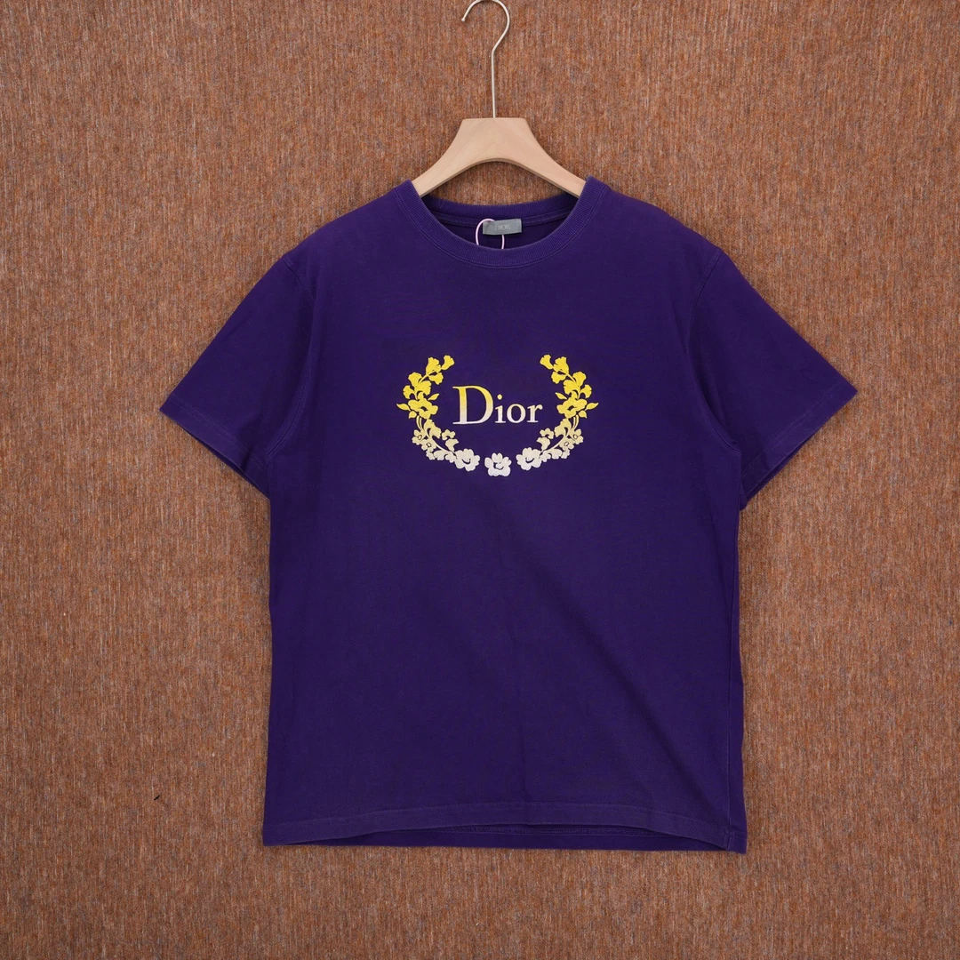 99新 DIOR/迪奥 葡萄籽奢潮/紫色花卉标语短袖T恤/XL码