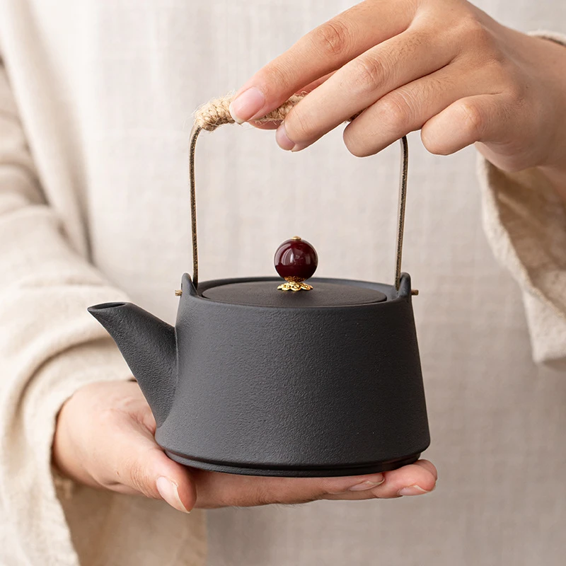 国潮主人杯中式黑陶提梁茶壶2025新款磨砂单壶陶瓷家用茶茶具配件