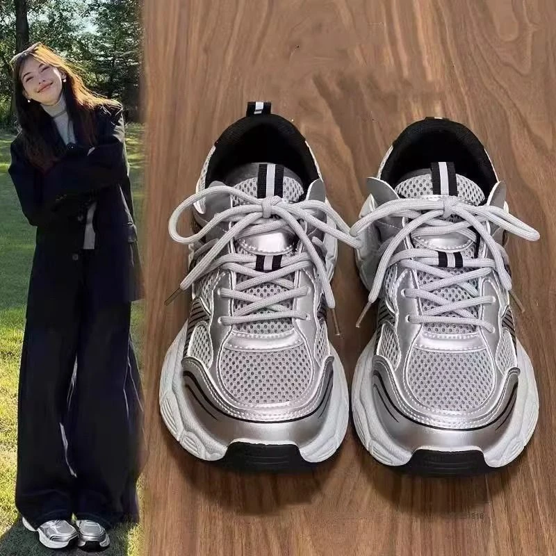 新百伦断码银色洋气老爹鞋女2025春夏新款显脚小休闲透气板鞋复古