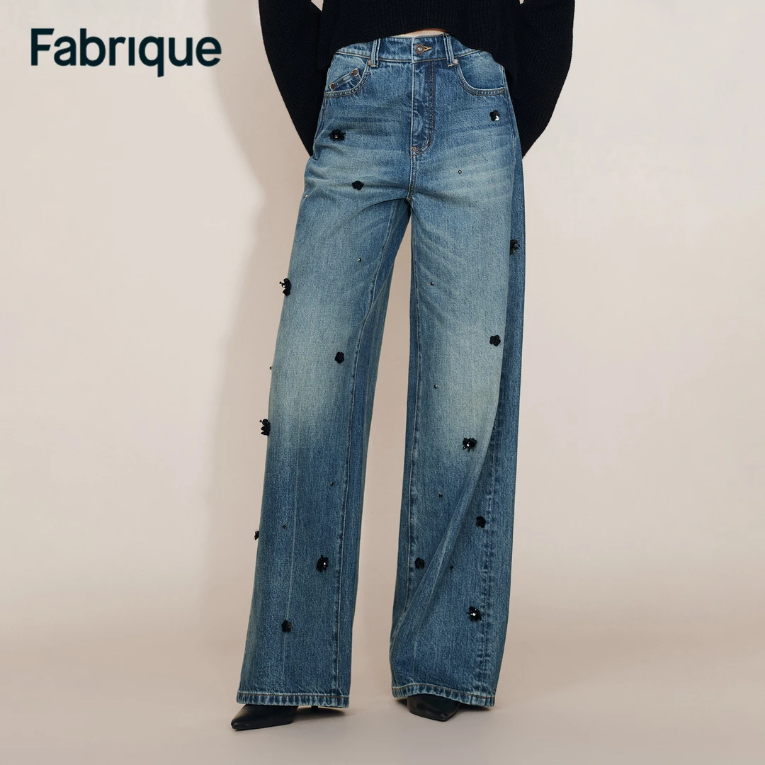 Fabrique Imogen 秋冬新品水洗靛蓝纯棉手工珠绣休闲阔腿牛仔裤