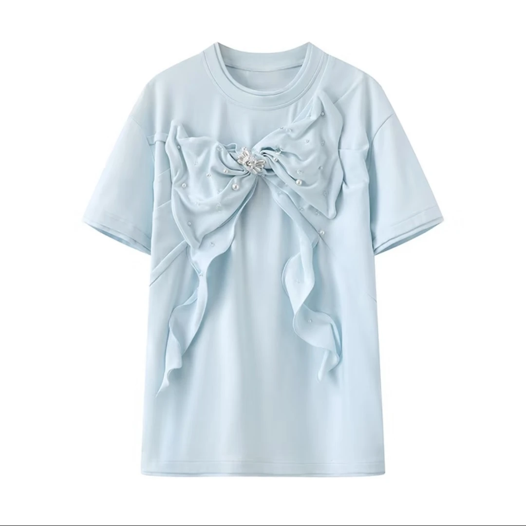 <猪猪出品>上新蓝白两色宽松珍珠蝴蝶结设计感重工T恤上衣769