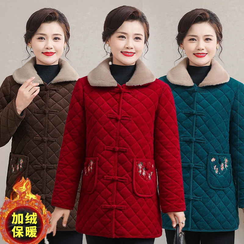 妈妈冬装棉衣翻领盘扣灯芯绒外套加绒加厚棉服宽松大码中长款棉袄