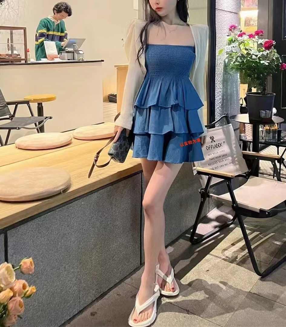 小众抹胸夏季套装背心时尚法式通勤牛仔一字肩6122