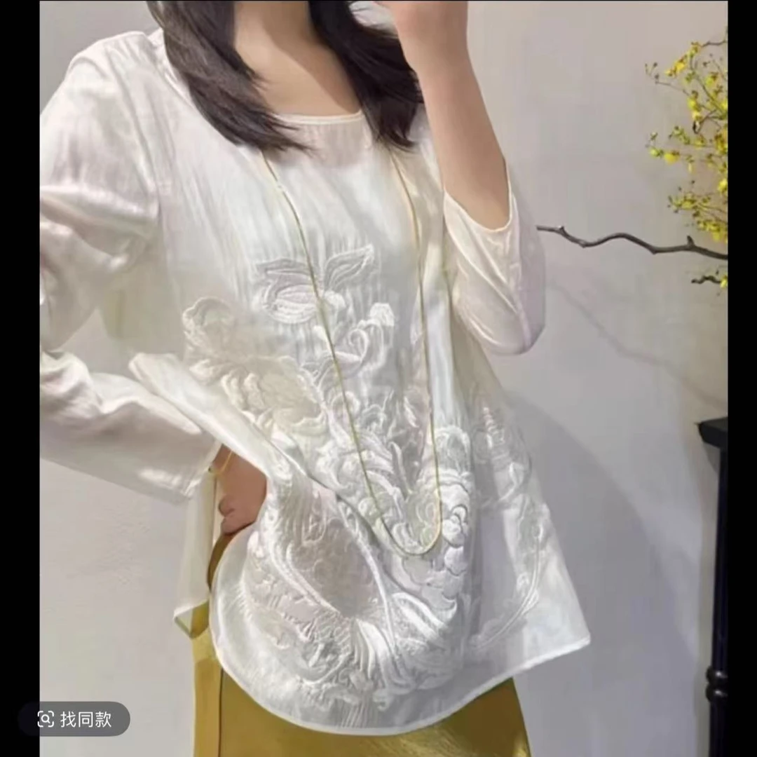 2211国潮中式复古刺绣八分袖圆领薄款小衫白色时尚休闲打底衫ins