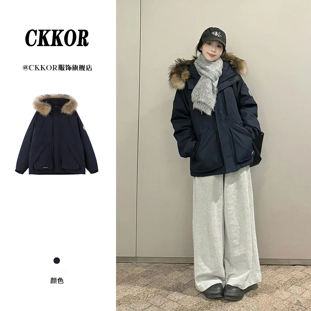 CKKOR冬天网红款外套加厚保暖男女同款棉服韩版工装风毛领派克服