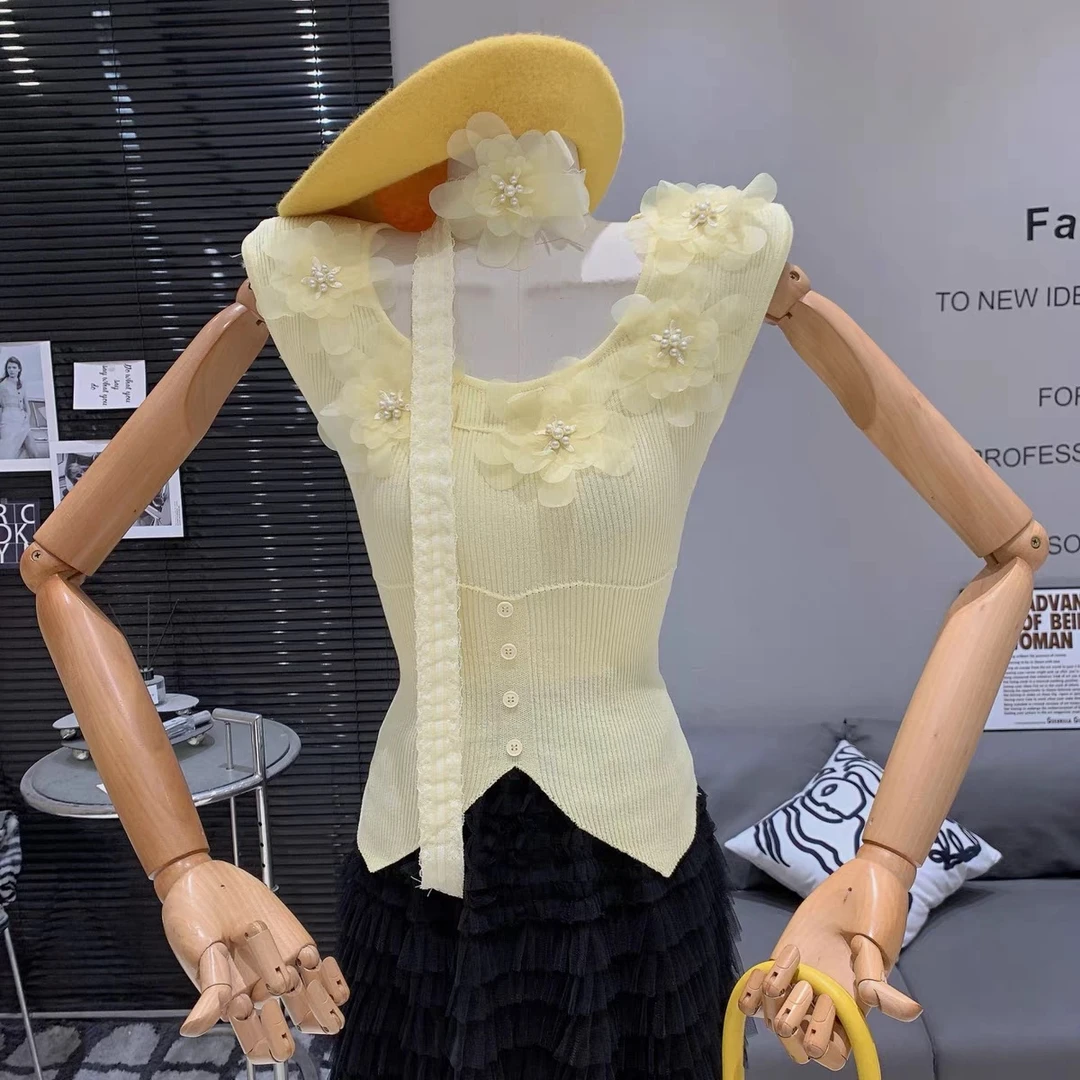 【春歌】夏季法式方领时尚短袖重工钉珠蕾丝花朵无袖系带百搭上衣