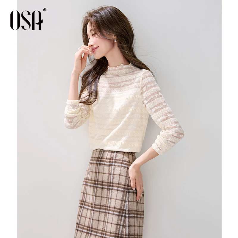 OSA/欧莎 小立领蕾丝雪纺衫女横纹肌理长袖打底衫上衣S125C17006