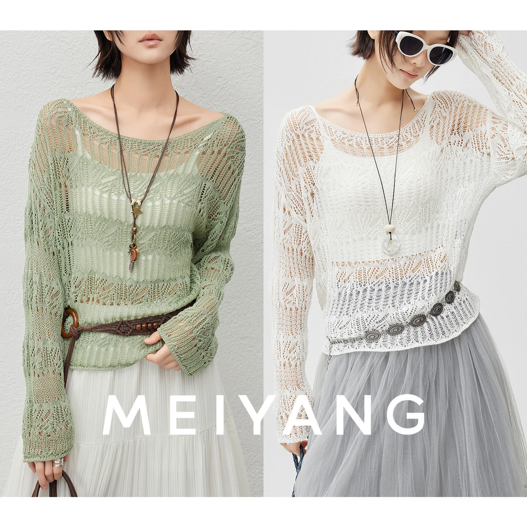 美洋MEIYANG【商场同款】涟漪针织衫 一字领镂空罩衫-周五