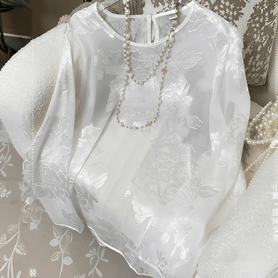 【纱苑】新中式时尚国风长袖上衣休闲百搭中国风重工提花网纱气质女