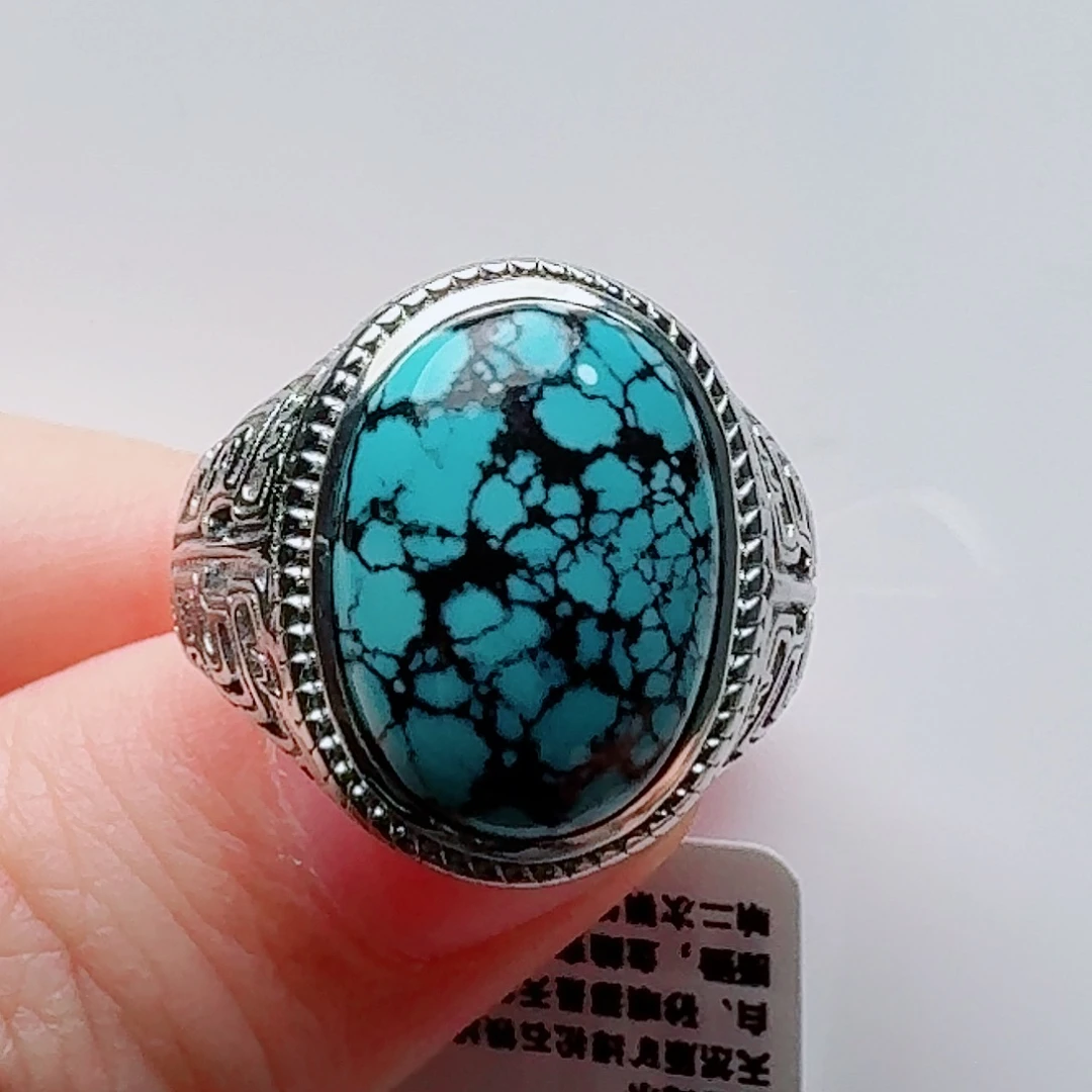 绿松石银S925镶嵌高瓷蓝网花蛋面戒指