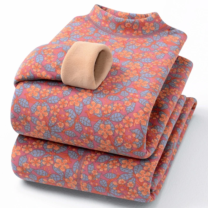 秋冬季女士半高领保暖内衣套装加绒加厚内穿中老年人大码秋衣秋裤