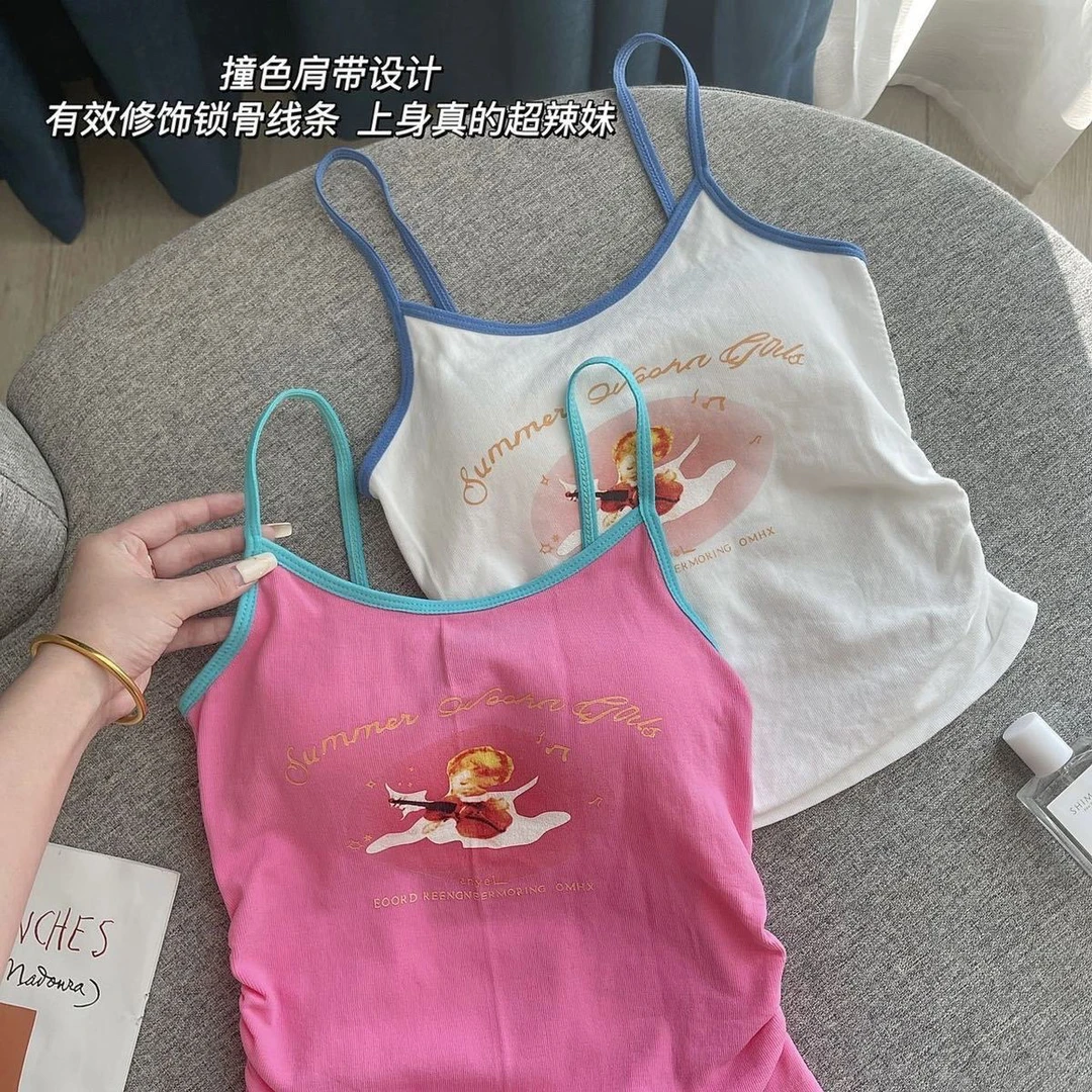 甜美辣妹夏季外穿百搭修身上衣印花美式潮流吊带小背心