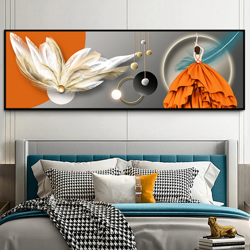 现代轻奢床头钻石画2025新款满钻十字绣主卧房间羽毛橙色美女卧室