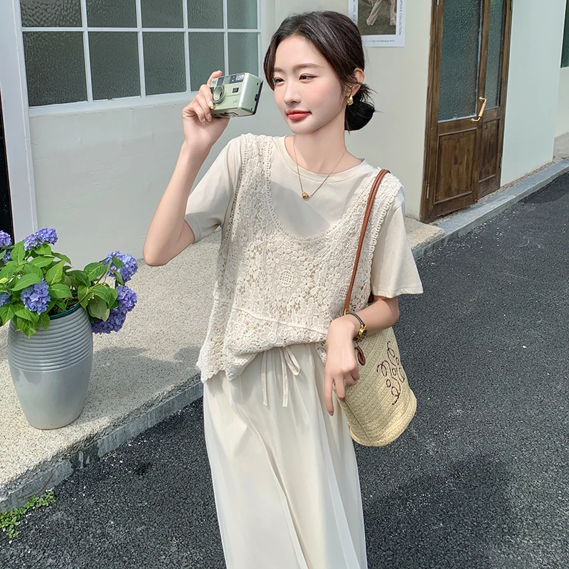 慵懒松弛感气质套装裙女夏2025新款韩系甜美蕾丝背心半身裙三件套