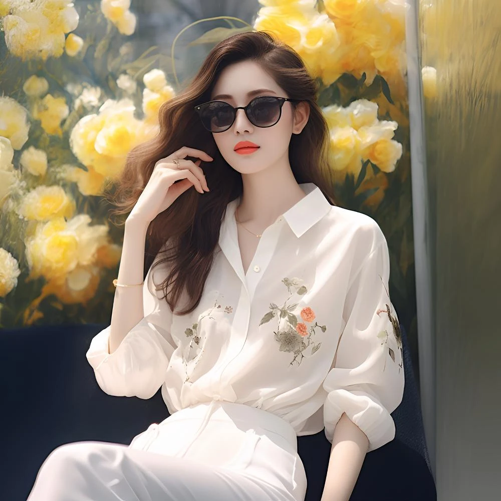 法式白色印花雪纺衬衫女宽松百搭气质长袖上衣韩版别致漂亮防晒衫