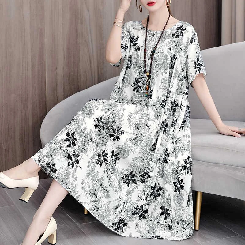 大码碎花棉绸连衣裙女短袖2025夏装新款中年妈妈休闲气质时尚裙子