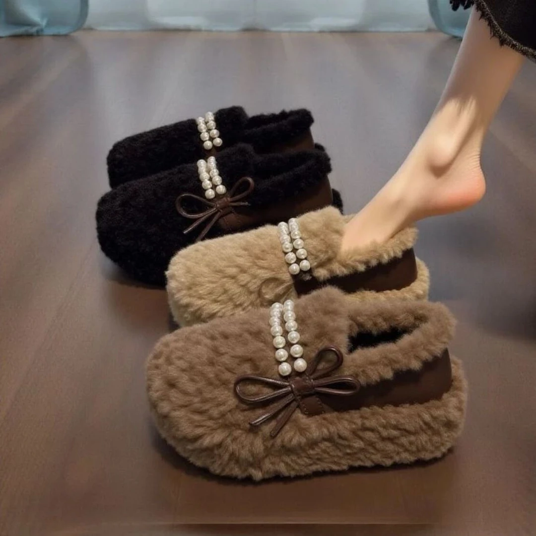 2025年秋冬款时尚珍珠设计毛茸茸舒适加绒网红爆款厚底拖鞋-6.5CM